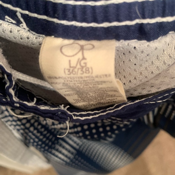 MENS OP LARGE BLUE WHITE 1 VELCRO POCKET MESH LINED BOARD SHORTS - Picture 2 of 3